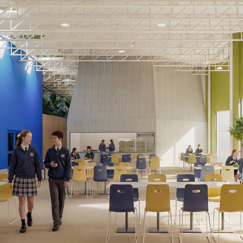 Rendering of students enjoying lunch in the cafeteria.