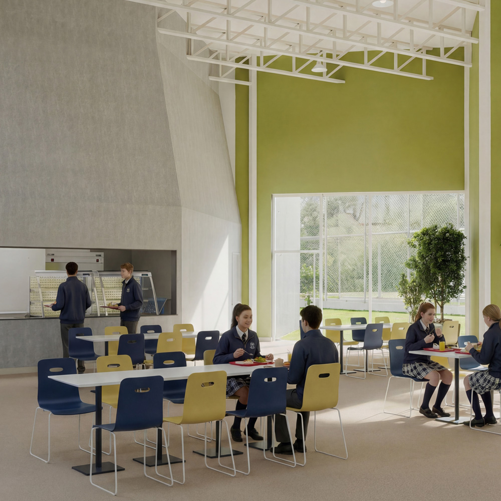 Rendering of cafeteria, with students ordering lunch.
