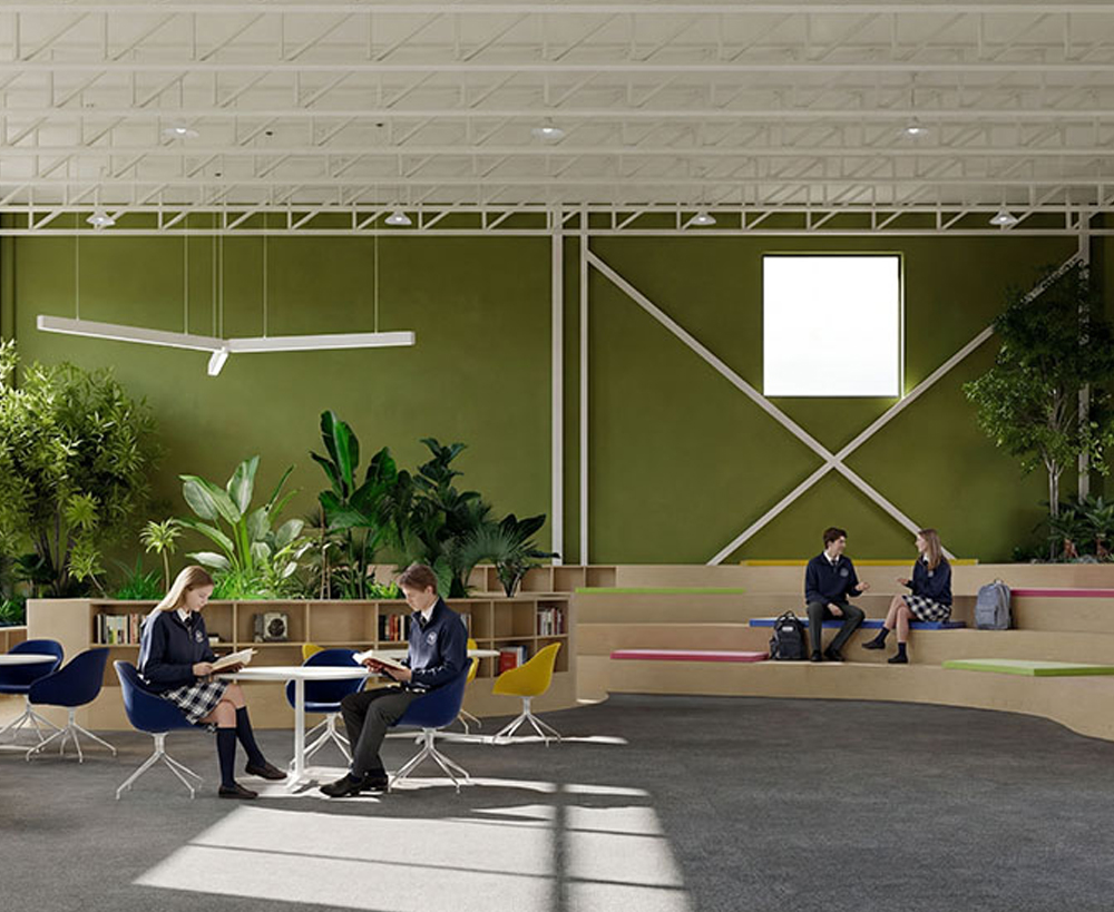 Rendering of senior students in library.