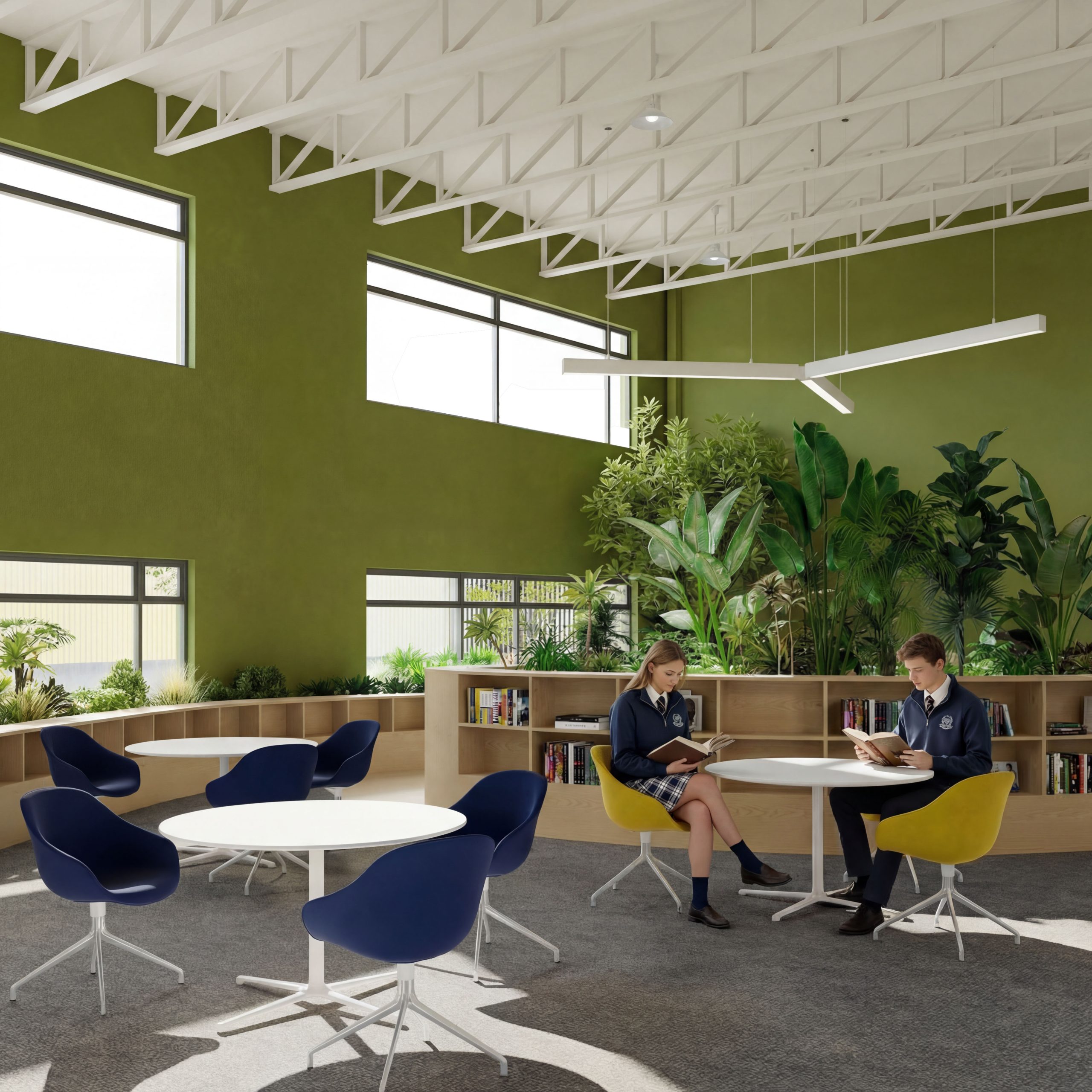 Students studying in the bright piazza.
